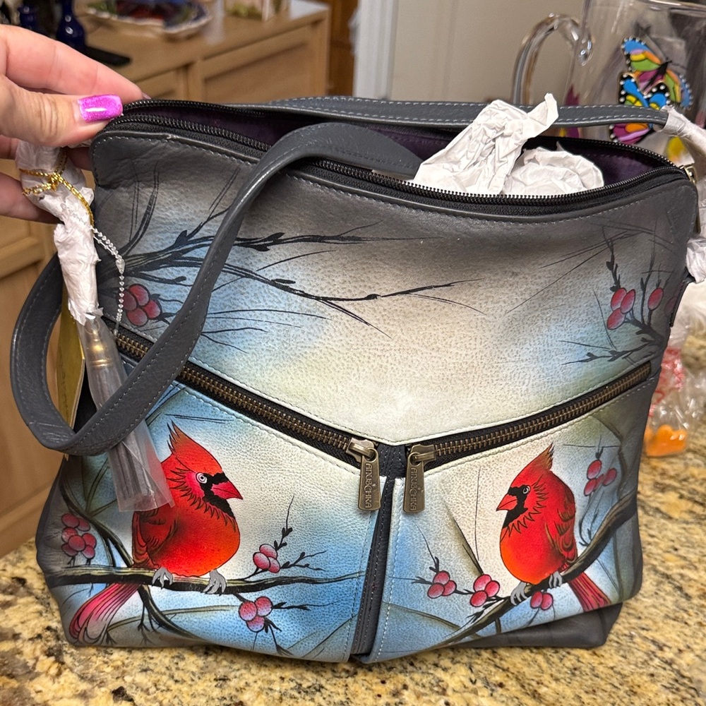 Anuschka Hand-Painted Leather Shoulder Bag - Red, Blue, Gray
